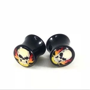 Faceted Black Skull & Fire Acrylic Ear Gauge Plugs